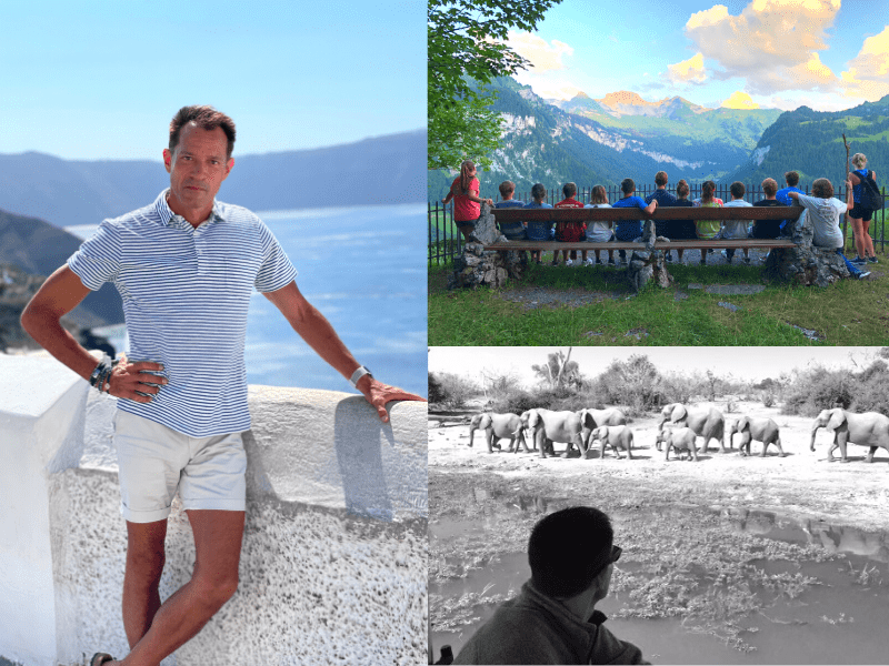 Collage of Alan in Greece, an African Safari, and School Trip