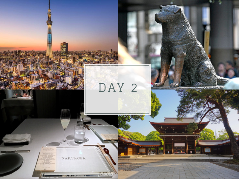  showcasing Tokyo Skytree, the Hachiko Statue, a table setting inside Narisawa restaurant, and the iconic Meiji Shrine