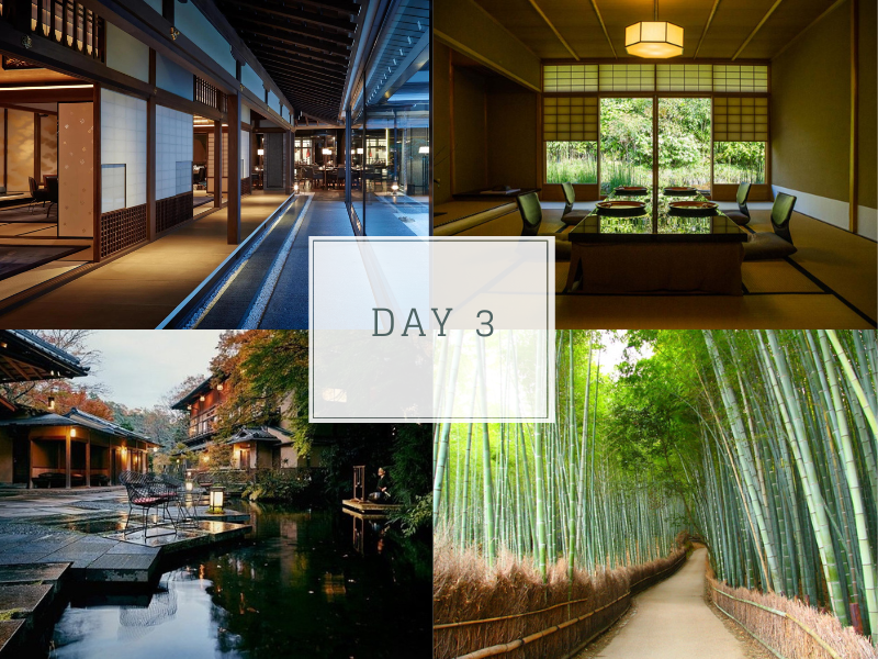 interior photos of The Ritz-Carlton, Kyoto, and Hoshinoya Kyoto hotels, along with a view of the Arashiyama Bamboo Grove