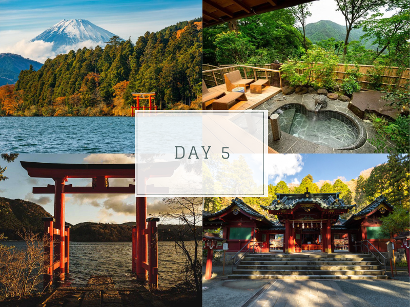 Scenic view of Lake Ashi with Gora Kadan in the foreground and Hakone Shrine in the background, surrounded by lush greenery and misty mountains