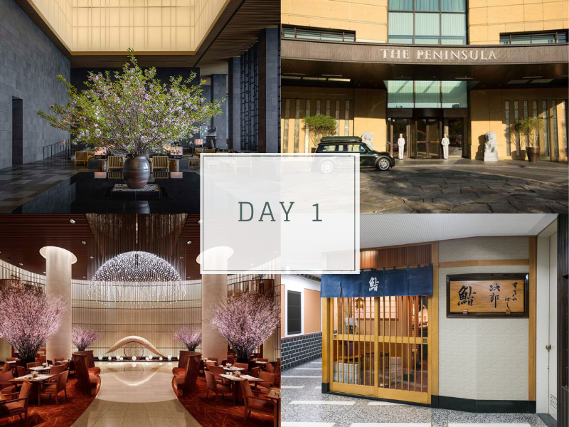 the interior of Aman Tokyo, a view in front of The Peninsula Tokyo hotel, and the exterior of Sukiyabashi Jiro restaurant