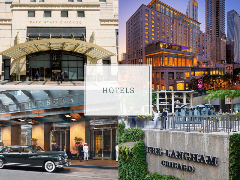 top Chicago hotels: The Peninsula Chicago, The Langham Chicago, and Park Hyatt Chicago